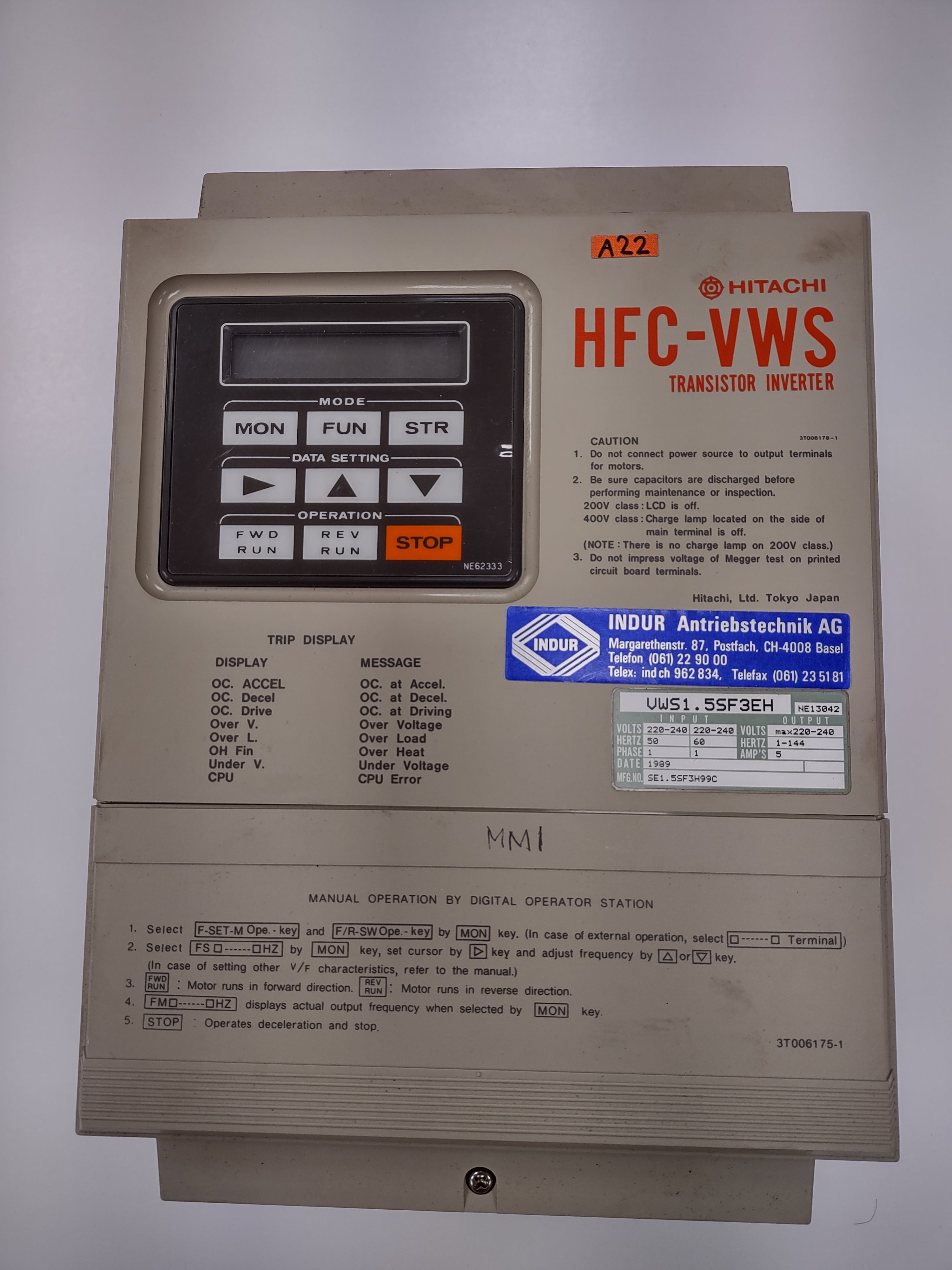 Hitachi HFC-VWS Transistor Inverter VWS1.5SF3EH